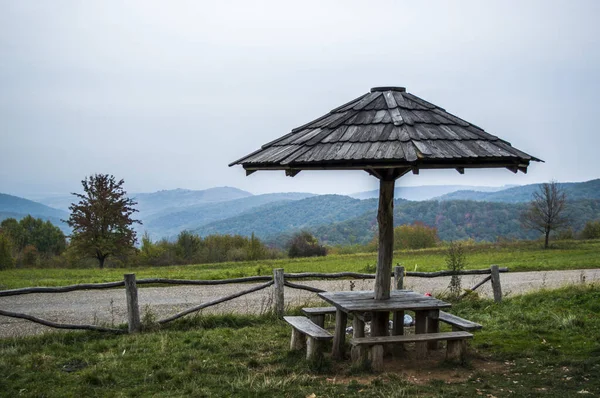 Ein Picknickplatz Wald Mit Tisch Bänken Und Sonnenschirm Mit Schöner — Stockfoto