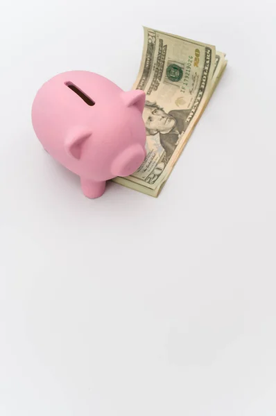 Rózsaszín Malacpersely Dollár Bankjegyek Fehér Asztallapon Fénymásolási Hellyel — Stock Fotó