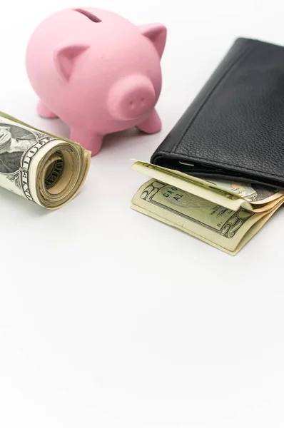 Bonito Banco Porquinho Rosa Com Carteira Wad Notas Uma Mesa — Fotografia de Stock