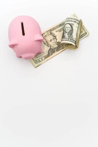 Cute Pink Piggy Bank Banknotes Wad White Tabletop Copy Space — Stock Photo, Image