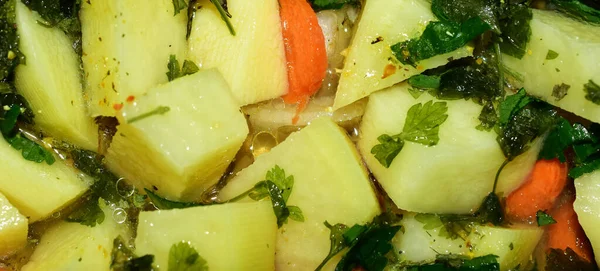 Closeup Shot Baked Potatoes Vegetables Herbs Ready Oven — Stock Photo, Image