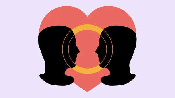 Enkel Grafisk Illustration Två Manliga Porträtt Motsatt Riktning Ett Hjärta — Stockfoto