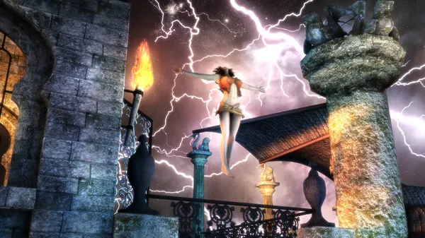 Illustration Witch Woman Levitating Ancient Temple — Stock Photo, Image