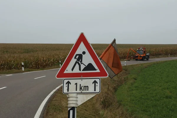 Mowing Work Its Road Sign Federal Road Germany — Stock Photo, Image