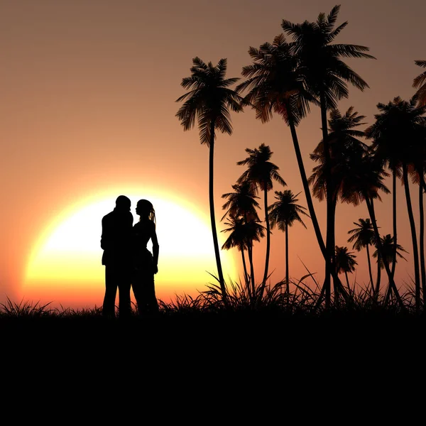 日光浴期间棕榈树和一对情侣的轮廓图 — 图库照片