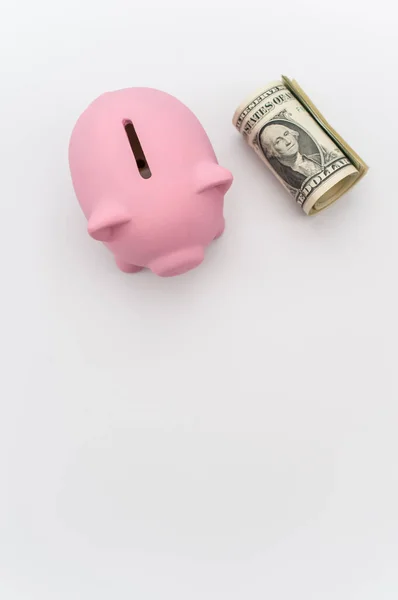 Cute Pink Piggy Bank Banknotes Wad White Tabletop Copy Space — Stock Photo, Image