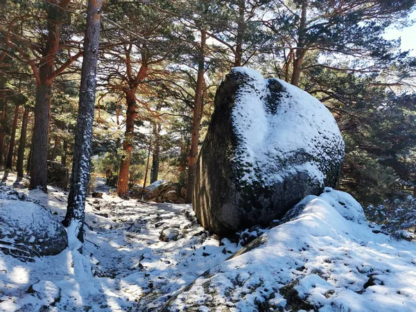 冬のスペイン シエラ グアダラマ州セチェディージャの大きな岩の横にある岩の道 — ストック写真