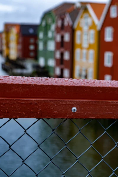 Svislé Uzavření Mokrého Plotu Pozadí Barevných Domů Staroměstský Most Trondheim — Stock fotografie