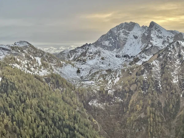 Vacker Utsikt Över Ett Snötäckt Stenigt Skogsklädd Berg — Stockfoto