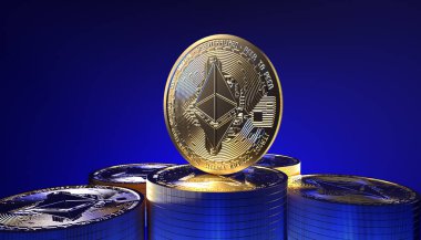 A closeup of the Ethereum cryptocurrency on dark blue background. clipart