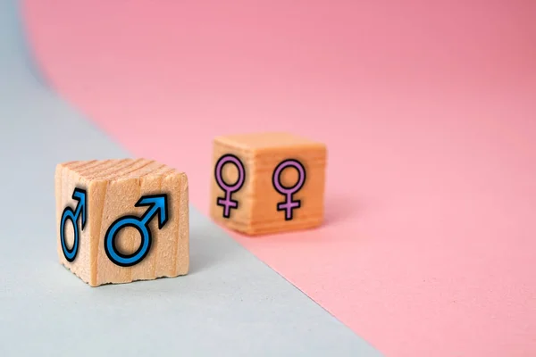 Två Träkuber Med Kvinnliga Och Manliga Symboler Blå Och Rosa — Stockfoto