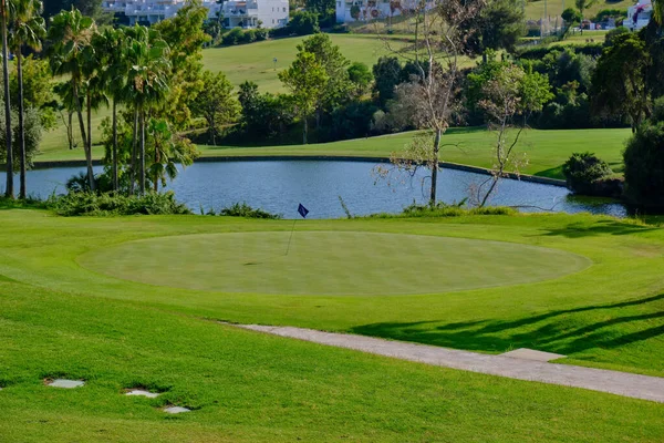 Hermoso Campo Golf Con Césped Verde Diferentes Tipos Árboles Pequeño — Foto de Stock