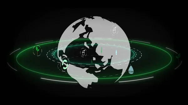 一个带着旋转的绿色戒指的地球的数字渲染 商业概念 — 图库照片