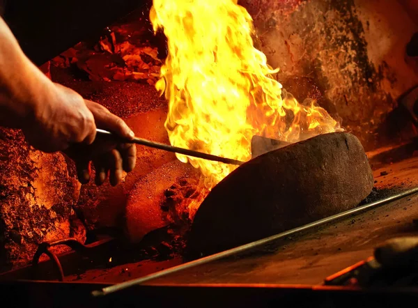 Closeup Blacksmith Setting Fire Forge Metal Tool — Stock Photo, Image