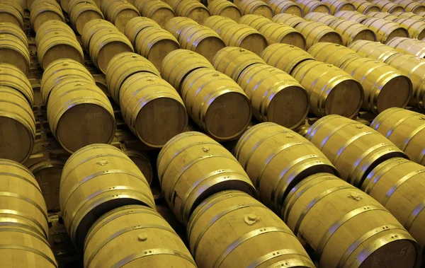 Uma Vista Barris Empilhados Uma Destilaria Uísque Uma Fileira Sob — Fotografia de Stock