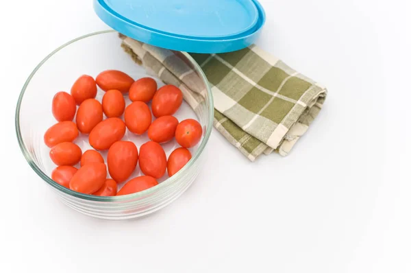 Natural Organic Ripe Datterini Tomatoes Glass Bowl White Background Text — Stock Photo, Image