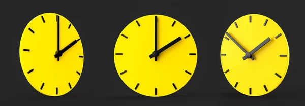 Uma Renderização Três Relógios Amarelos Formas Redondas — Fotografia de Stock