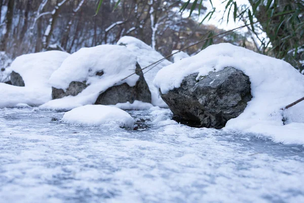 Closeup Kamenů Řece Pokryté Sněhem Lese — Stock fotografie