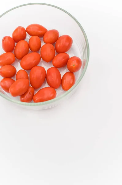 Natural Organic Ripe Datterini Tomatoes Glass Bowl White Background Text — Stock Photo, Image