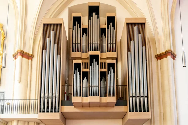 Muenster Γερμανία Απρ 2021 Εκκλησιαστικό Όργανο Από Ανοιχτόχρωμο Ξύλο Μεταλλικούς — Φωτογραφία Αρχείου