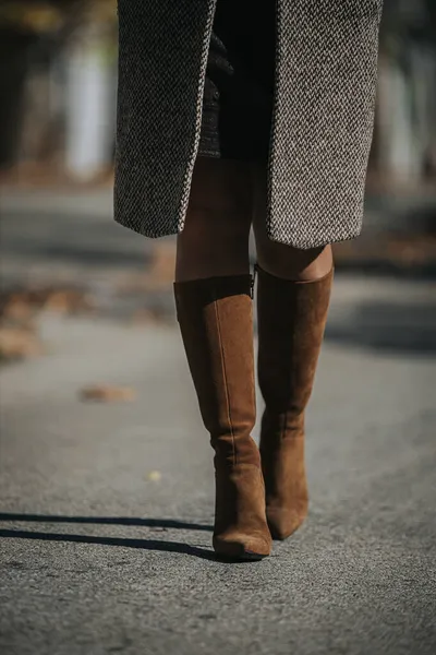 Disparo Vertical Mujer Que Lleva Botas Gamuza Marrón Moda Aire —  Fotos de Stock