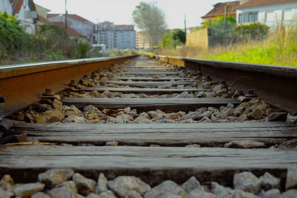 Une Route Ferroviaire Dans Village Printemps — Photo