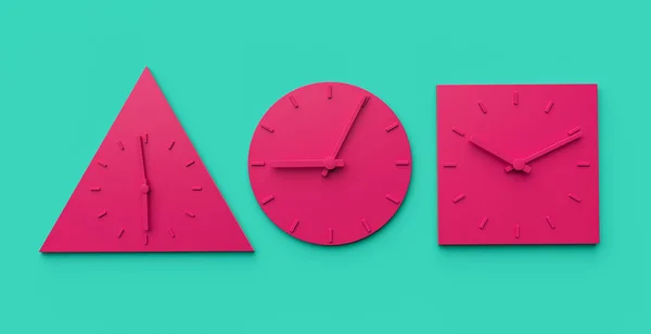 幾何学的形状の3つのピンクの時計の3Dレンダリング — ストック写真