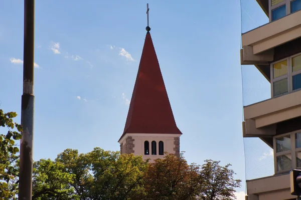 Protestáns Templom Tornya Wiener Neustadt Belvárosában Ausztriában — Stock Fotó