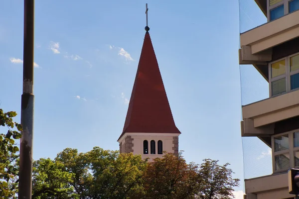 Campanário Igreja Protestante Centro Cidade Wiener Neustadt Áustria — Fotografia de Stock