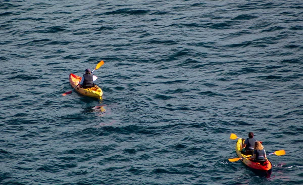 Aerial View People Kayaking Sea Calm Waves Sunlight Daytime — Stock Photo, Image