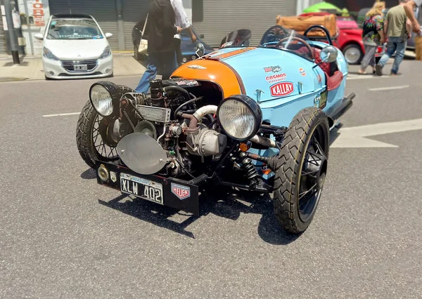 Vieille Motocyclette Anglaise Morgan Trois Roues Bleu Clair Sportive Course — Photo