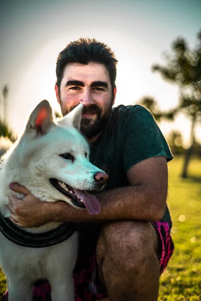 Portrait Smiling Adult Argentinian Man Posing His Akita Dog Park — Stock Photo, Image