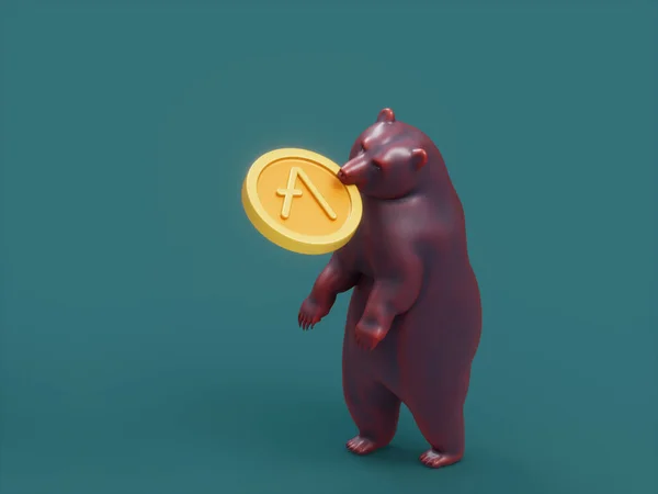 带有蓝色背景的市场硬币的熊的3D插图 加密货币概念 — 图库照片