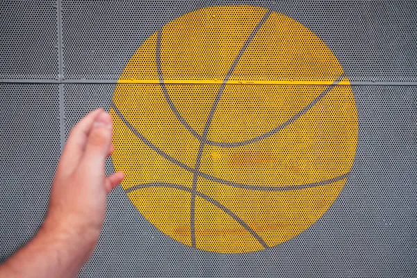 Human Hand Showing Yellow Basketball Ball Fence — Stock Photo, Image