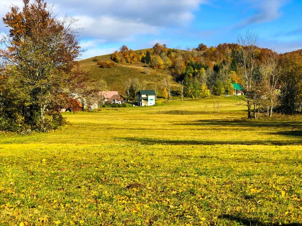 Een Prachtig Landelijk Landschap Met Huisgebouwen Herfstkleurige Bomen — Stockfoto