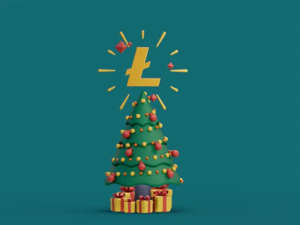 具有加密货币图标的圣诞树的3D渲染 — 图库照片