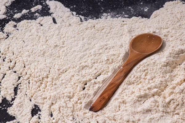 Closeup Wooden Spoon Table Covered Flour — Stock Photo, Image