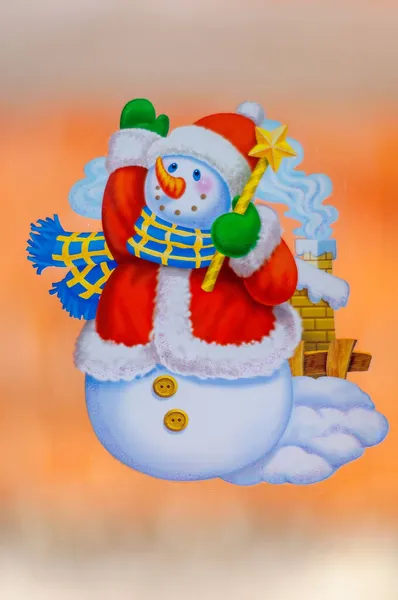 Illustration Snowman Scarf Star Hand Window Sticker Kids — Stock Photo, Image