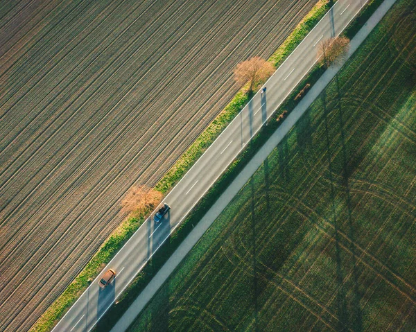 Aerial Shot Thin Road Going Beautiful Green Grass Field — Stock Photo, Image