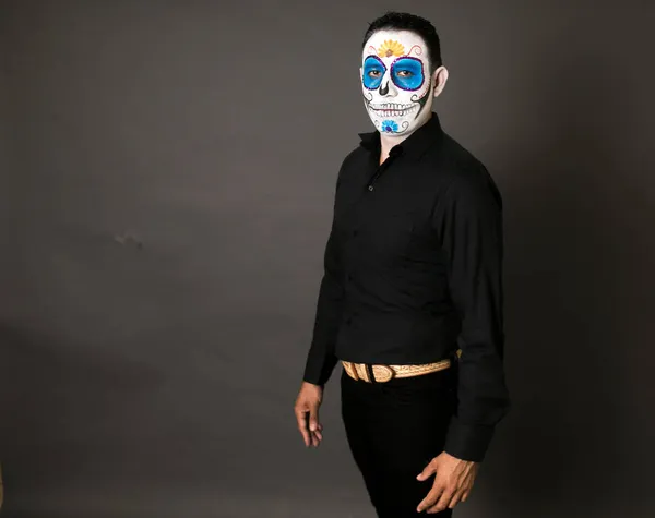 Young Hispanic Male Dressed Wearing Makeup Traditional Day Dead Holiday — ストック写真