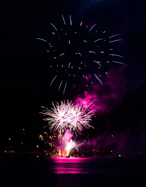 Eine Vertikale Aufnahme Von Großen Bunten Feuerwerk Den Nachthimmel — Stockfoto