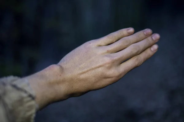 Wybiórcze Ujęcie Tyłu Ludzkiej Ręki Trzymającej Cztery Palce — Zdjęcie stockowe