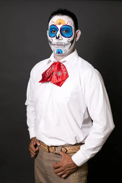 Young Hispanic Male Dressed Wearing Makeup Traditional Day Dead Holiday — ストック写真