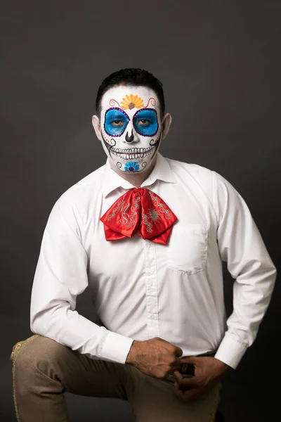 Young Hispanic Male Dressed Wearing Makeup Traditional Day Dead Holiday — ストック写真