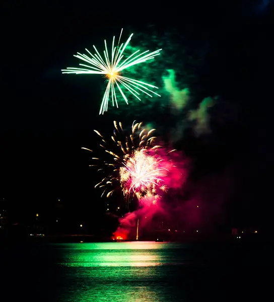 Eine Vertikale Aufnahme Von Großen Bunten Feuerwerk Den Nachthimmel — Stockfoto