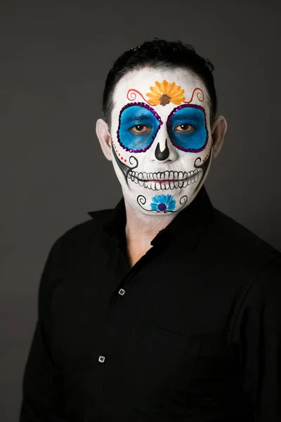 Young Hispanic Male Dressed Wearing Makeup Traditional Day Dead Holiday — ストック写真