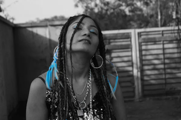 Grayscale Shot Stylish Indian Female Dreadlocks Posing Camera — Stock Photo, Image