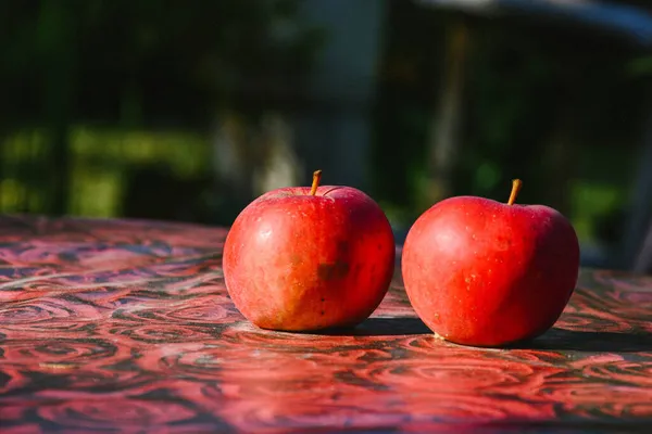 Closeup Two Ripe Red Apples Table — Stock Photo, Image