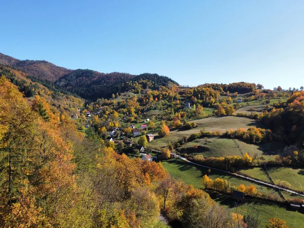 Une Vue Panoramique Maisons Rurales Une Route Entourée Forêts Montagne — Photo