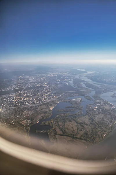 Beautiful View Kyiv City Blue Sky Seen Airplane Window — Stock Photo, Image